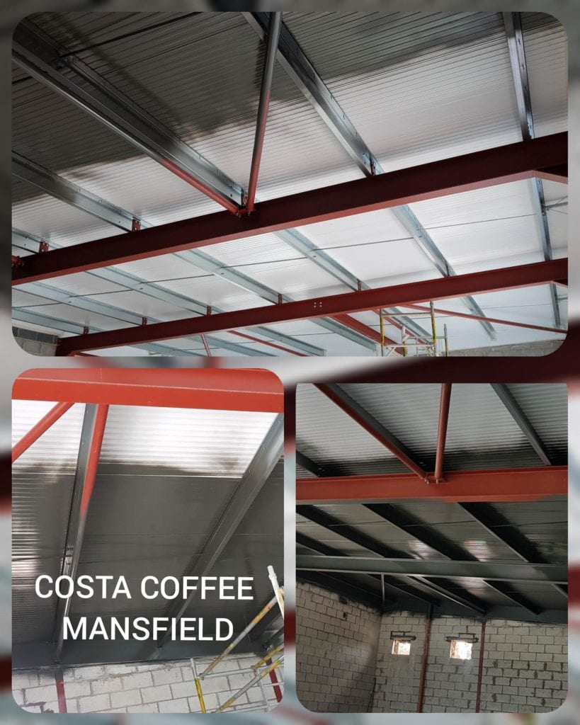 Commercial roof structure and steelwork spray finished for a Costa Coffee project