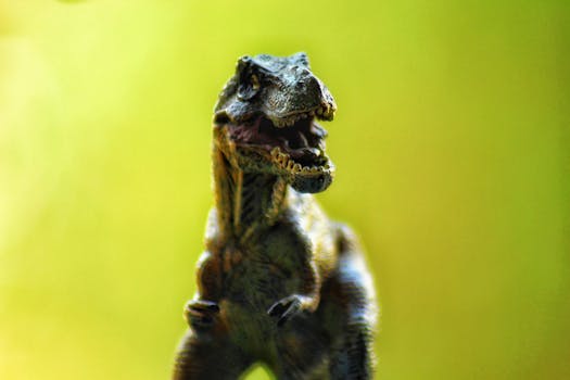 Close-up of a toy dinosaur with a natural, blurred background.